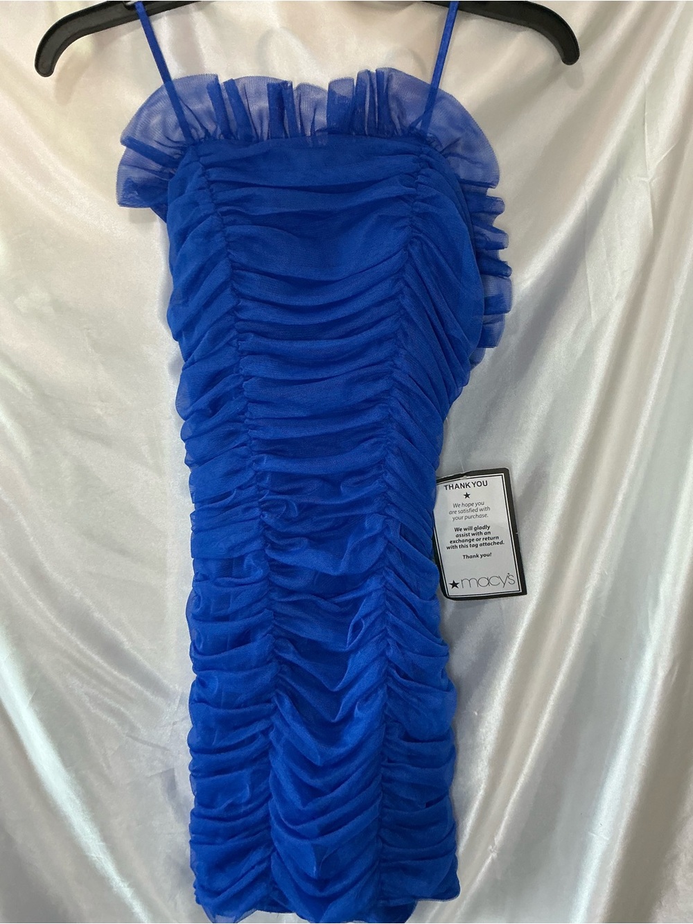NWT Blondie Nites Ruched Royal Blue Sheer Ruffle Mini Bodycon Dress Size 1